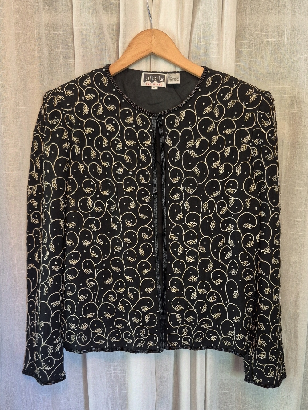 Vintage Black Embroidered Silk Open-Front Jacket
